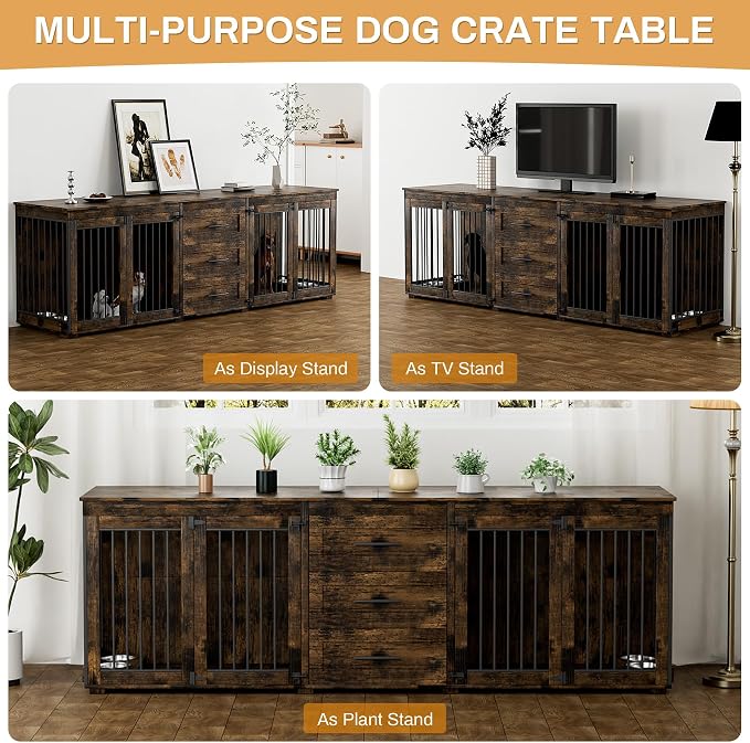 OUYESSIR 94.5" Double Dog Crate Furniture for Medium Large Dogs, Brown | Extra large dog kennel fits 2 Medium or large dogs, 3 Storage Drawers, 4 removable Stainless steel dog bowls, Solid Wood