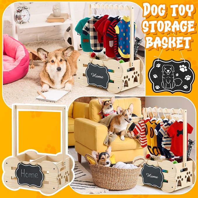 Wooden Dog Wardrobe Closet 20"x15"x9" Pet Goose Outfit Toy Storage Basket Crate with Hanging Rod Bone Shape Organizer Closet for Dog Toy Clothes Accessories with 8 Hanger 10 Clip 1 Small Blackboard