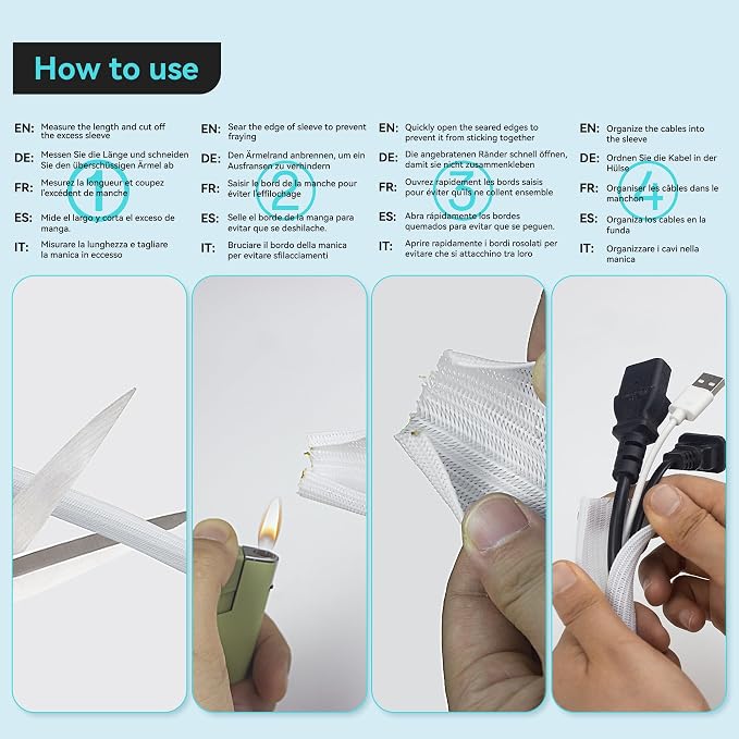 Cable Tidy Sleeve, 13mm(0.51") - 3m(9.84ft)(White) | Cable management tube for PC/TV, self-winding wire tidy organiser for home, office, made of safety PET materials, easy to use