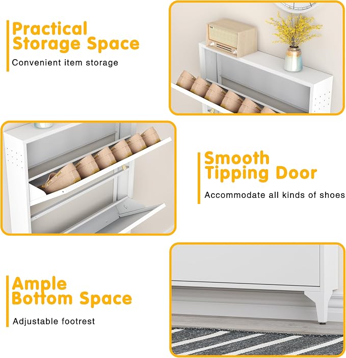 Shoe Cabinet with 4 Flip Drawers, Narrow Shoe Storage Cabinet, Farmhouse Shoe Organizer, Freestanding Organizer with Metal Legs for Entryway, Foyer (White, 4 Door)