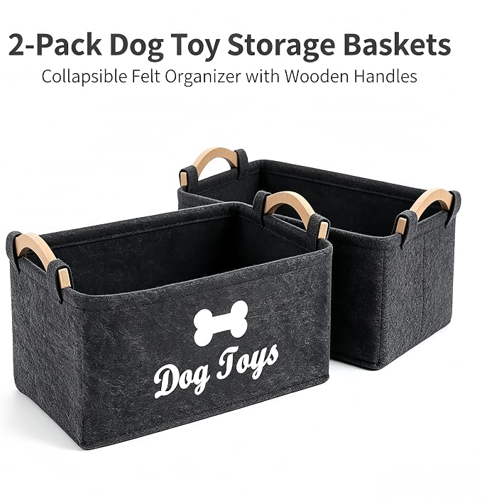 Dog Toy Storage Basket, Felt Pet Toy Organizer with Wooden Handles, Collapsible Pet Supplies Storage Bin for Dog Cat Toys, Treats, Accessories, Home Office Closet Organizer (DarkGray-2)