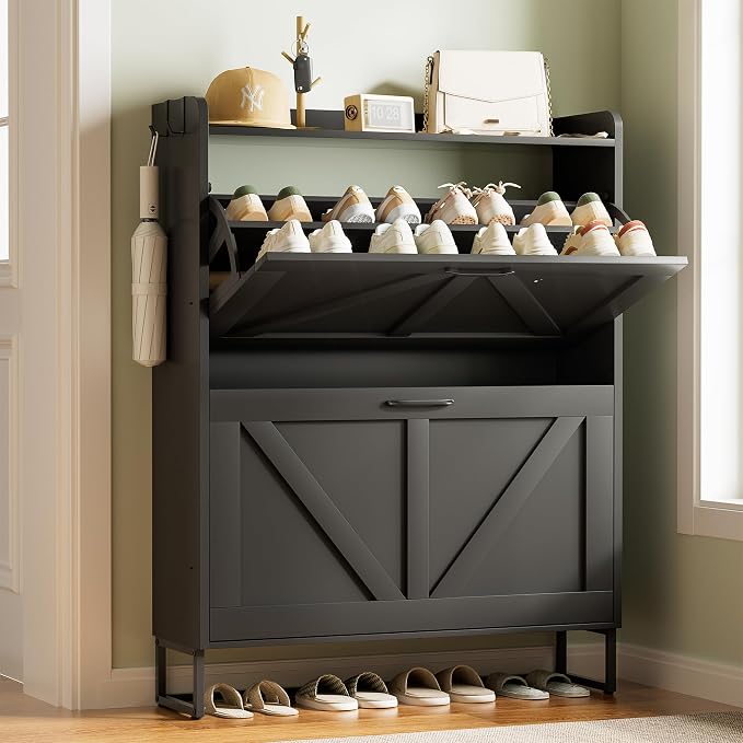 Urban Deco Shoe Cabinet with 2 Flip Drawers, Slim Shoe Storage for Entryway | Space Saving Shoe Cabinet with Flip Drawers, Shoe Storage Organizer for Entryway, Narrow Design for Small Spaces, Black