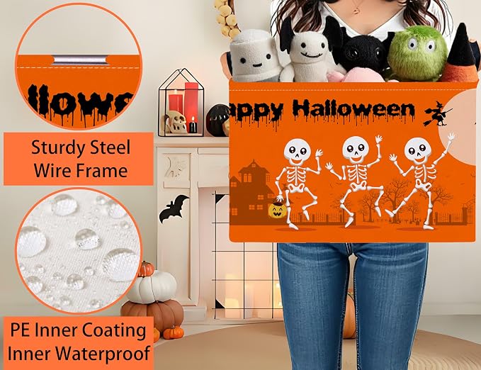 Large Halloween Themed Candy Gift Boo Basket for Kids Baby Personalized Adults Storage Bin Fall Decor(Orange Dance Skeleton)