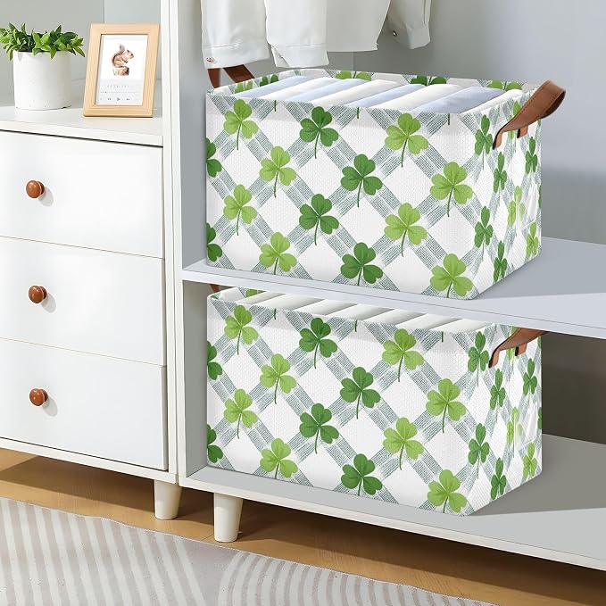 Plaid Shamrock Clover St Patricks Day Storage Basket Foldable Cube Storage Bins with Handles&Label Waterproof Organizer Box Bin Large Rectangle Decorative Baskets for Shelves Home Room Laundry-2 Pack