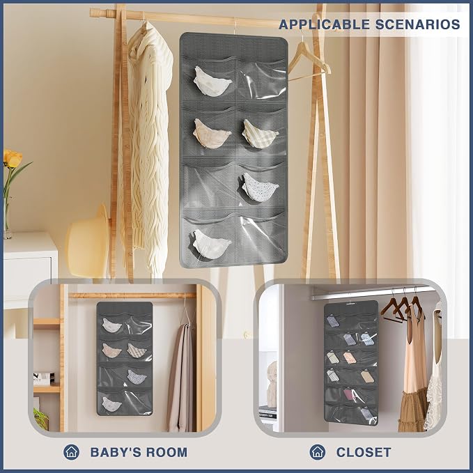 26-Pocket Hanging Closet Organizer for Socks and Underwear, Dark Gray | Non-woven clear compartments keep bras & leggings visible; swivel hook fits wardrobe, closet rod, wall, door or shelves.
