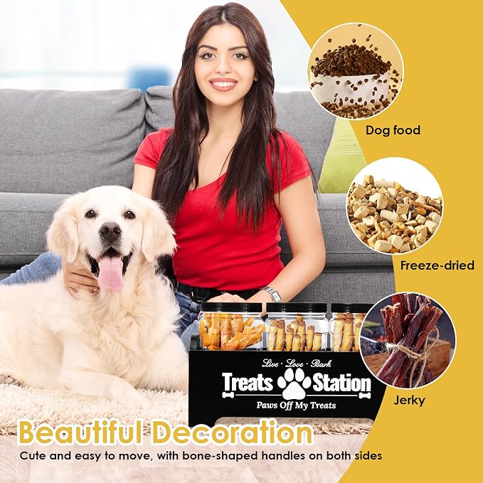 Dog Treat Container, Dog Food Storage Container with 3 Plastic Treat Jars, Wood Countertop Dog Treat Holder, Reusable Dog Treat Storage Organizer, Pet Food Container for Dogs Cats (black)