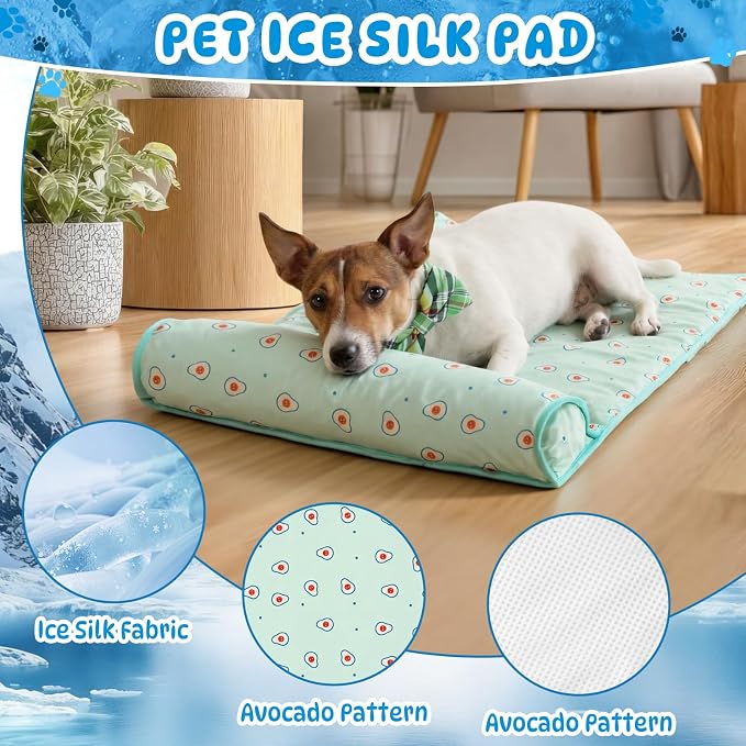 DoubleFill 4 Pack Cooling Pet Mats 23.6" x 31.5" Cooling Dog Beds with Supportive Pillow Self Ice Cool Pads Washable Summer Cat Sleeping Pad with Storage Bag for Summer Crate Floor (Large, Green)