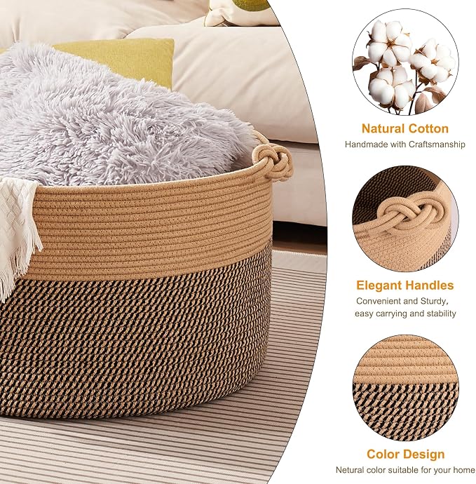 OIASKET Large Blanket Storage Basket for Living Room, 22.8" x 22.8" x 13" Woven Cotton Rope Basket with Handles, Baby Toy Storage, Laundry Hamper for Clothes, Pillows, Towels-Brown and Black