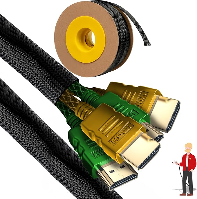 XFasten Cord Protector 1 Inch 100ft - PET Expandable Braided Cable Sleeve - Pet Chew Proof Wire Loom for Audio, Video, PC, TV, Automotive Wire Management - Puppy, Cat Proof Black Cable Wrap for Cords