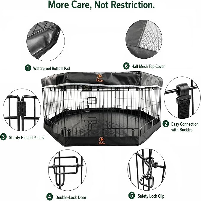 PJYuCien Puppy Playpen with Top Cover & Bottom Pad, 8 Panels 36" H, Black | 24"W, Medium Pet Safe Sanctuary, Foldable Octagonal Pen, Versatile, Indoor & Outdoor, Backyard Pasture, Protects Floors