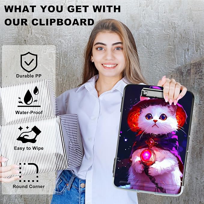 Purple White Cat A4 Clipboard with Storage Pen Holder, Clipboards Organizer Nursing Clipboard Foldable File Folder Plastic Clipboard Folio Clip Board for Office Students Classroom Doctor