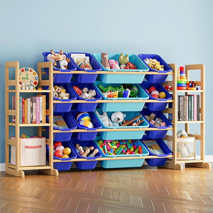Modern 6-Shelf Toy Organizer with 16 Removable Bins for Kids Room Decor and Playroom Storage by SpaceAid