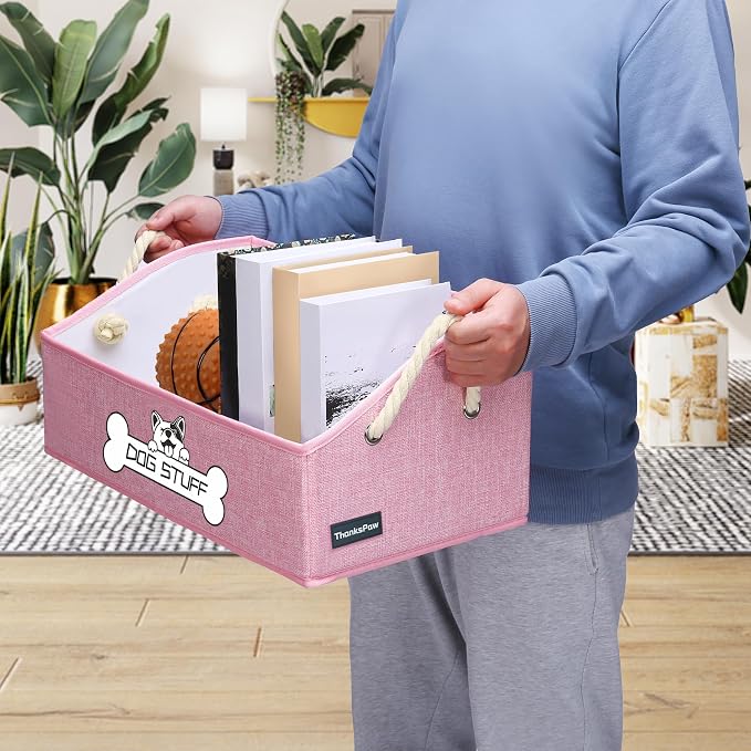 Dog Toy Basket, Storage Bin, Collapsible Box for Pet Accessories | Fabric Container With Handle, Trapezoid Holder for Small Medium dogs, Organizer for Living Room, Pink