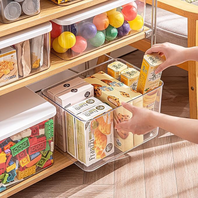 Clear plastic storage bins with LIDS,storage containers for snacks, cosmetics, books, dog food, Storage Organizer for Nursery，Kitchen, Living room,Bedroom, Bathroom, Office (Clear-White Lid, 4XL)