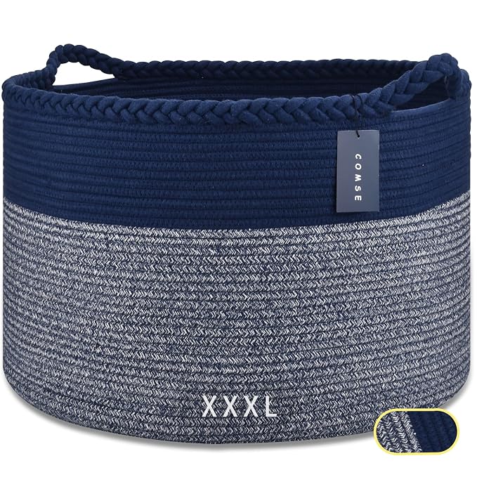 COMSE XXXLarge Woven Blanket & Laundry Basket, 87L, Navy Blue | 21.7" x 13.8", Cotton Rope, Nursery Hamper for Storage of Toys Clothes Towels, Ideal for Living Room Bedroom Bathroom