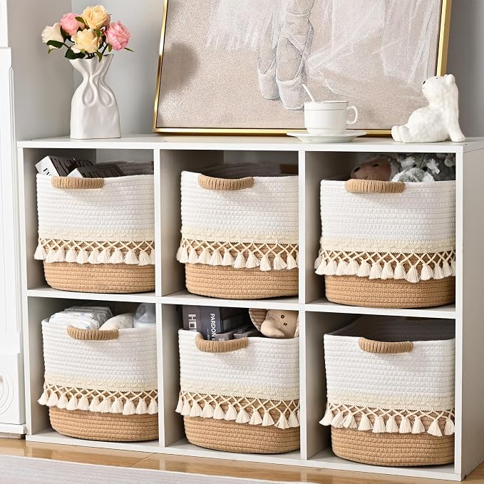 6 Pack Storage Basket for Shelves, Boho Cotton Rope Storage Bins with Heavy Tassel, Shelf Baskets Large Woven Baskets for Organizing, Cube Organizer Bins, Baby Laundry Basket for Clothes, Toys, Pets