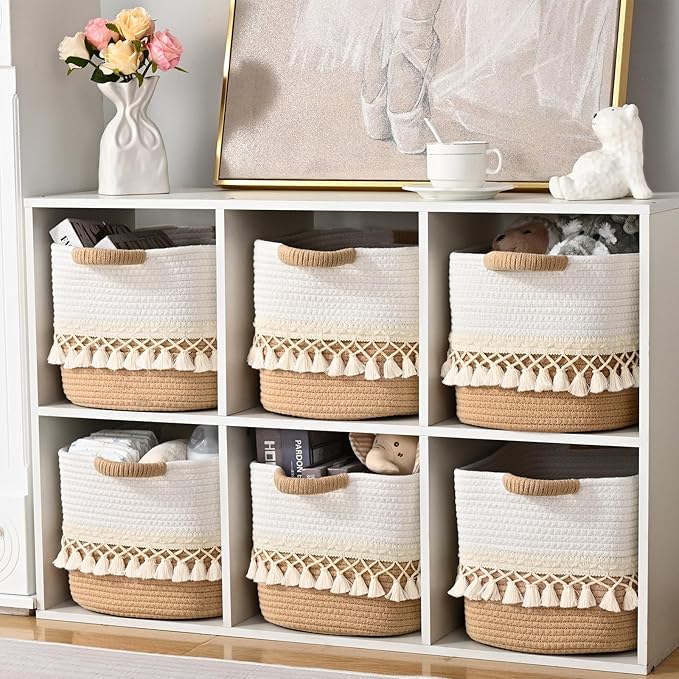 3 Pack Storage Basket for Shelves, Boho Cotton Rope Storage Bins with Heavy Tassel, Shelf Baskets Large Woven Baskets for Organizing, Cube Organizer Bins, Baby Laundry Basket for Clothes, Toys, Pets
