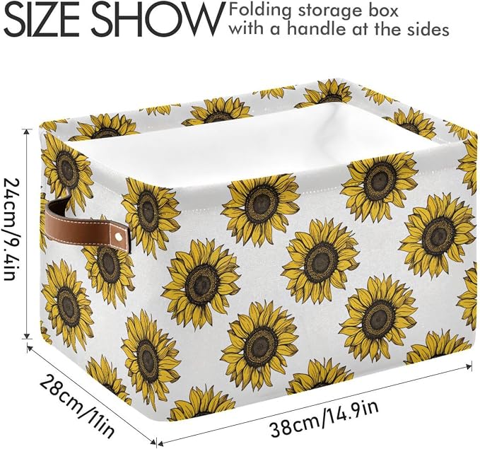 Foldable Storage Baskets Set of 2, Meadow Sunflower Storage Bins with Handles, Decorative Cloth Organizer Storage Boxes for Home|Office 15 x 11 x 9.5 in