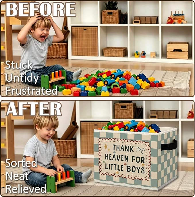 Boy Nursery Cube Storage Bins with Handles, Thank Heaven for Little Boys Blue Checkered Collapsible Fabric Storage Basket Boxes Books Clothes Organizer for Kids Boys Room Bedroom Bathroom