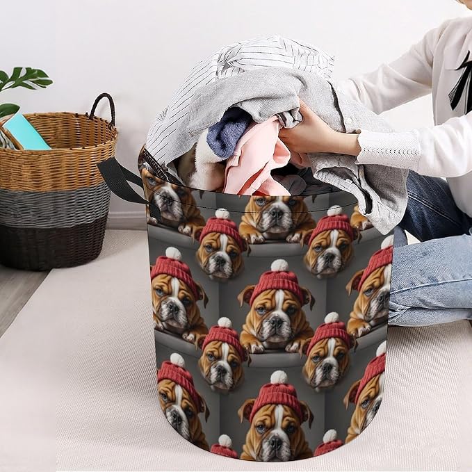 Portable Collapsible Hamper English Bulldog Puppy Dog, Waterproof Laundry Basket with Handles for Bedroom, Bathroom, and Toy Storage