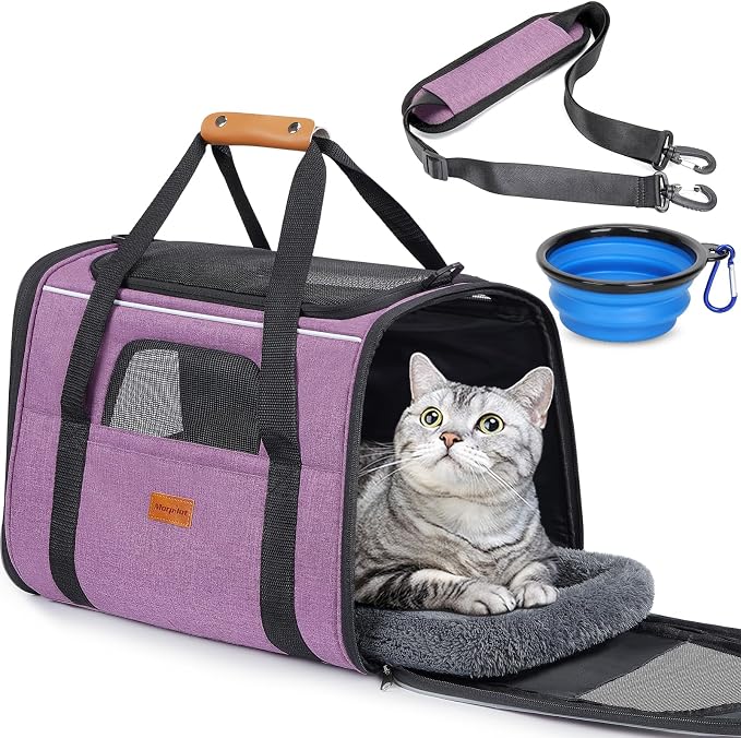 Morpilot Cat Carrier Soft for Large Medium Cats and Puppy up to 20lbs | with Dual-Sided Cushion, Secure Buckle and Foldable Bowl, Dog Carriers for Small Dogs(Purple)-17.3"L x 12.2"W x 13.4"H