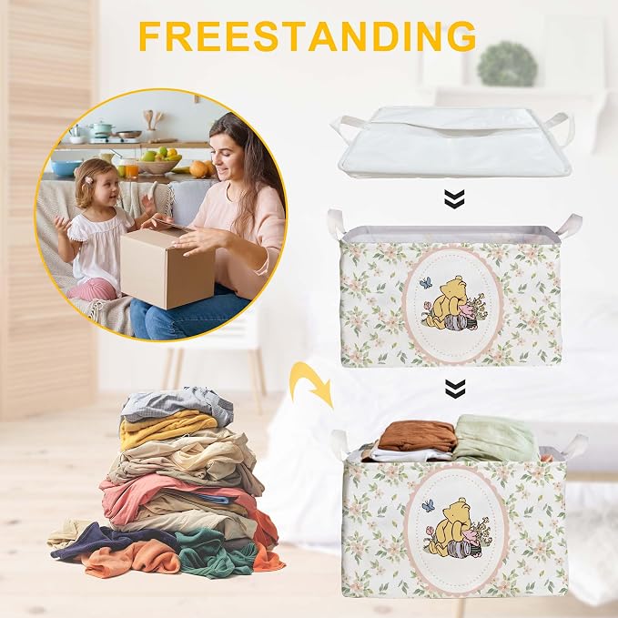 Winnie Nursery Storage Basket With A Waterproof PE Coating,The Pooh Nursery Baby Stuff Storage Baskets Suitable For Bathroom and Bedroom, Foldable Large Canvas Laundry Hamper