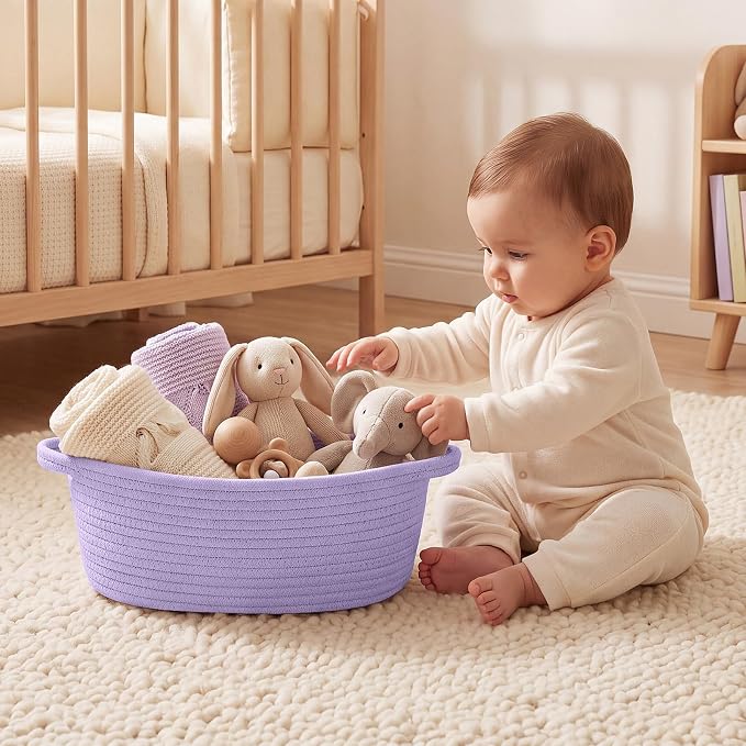 woric Small Gift Baskets for Women Girl Birthday Woven Storage Baskets | Purple Basket for Gifts Empty Baby Shower Nursery Toys Blanket Bathroom (12"X 8" X 5" with Gift Bag Card Ribbon Tissue Paper)