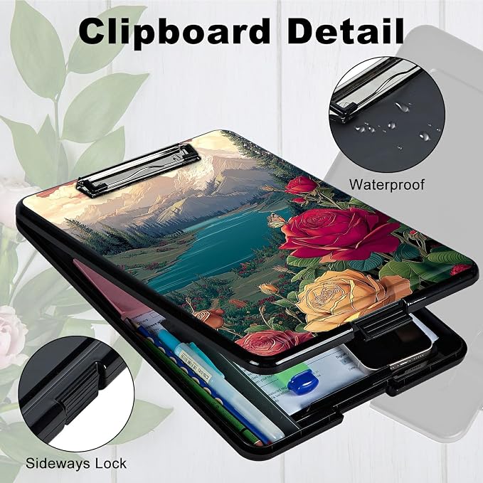 Heavy Duty Storage Clipboard, Slim Nursing Clipboard with Internal Pen Case, Portable File Organizer Case for A4 Letter Size Paper Office Medical Professionals, Rose Mountain Clouds