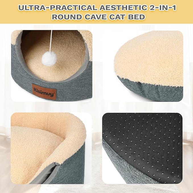 2-in-1 Foldable Cat Bed for Indoor Cats, Cat Cave & Sofa Bed | 15.7"D x 13"H, Reversible Plush & Linen Cushion,Enclosed Cat Bed, Hanging Cat Toys, Non-Slip, Small Cat House, Grey