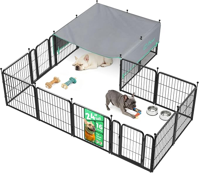 FXW Rollick Dog Playpen with Sun Shade, 24"H, 16 Panels | Heavy-Duty & Easy setup Play Area, UPF 50+ Cover Blocks 98% of UV Rays, For Puppies & Small Dogs, Patented