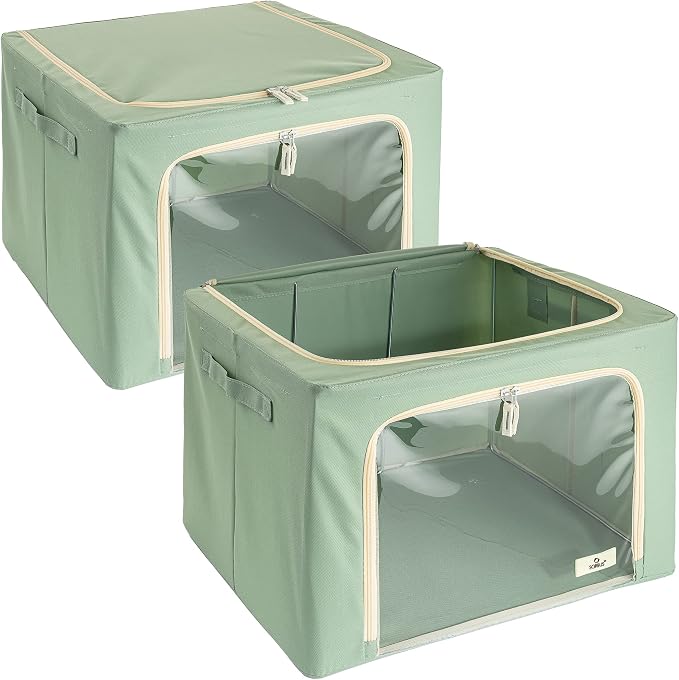 Sorbus Clothing Storage Bins with Clear Window, Metal Frame (2 Pack, Teal) | Oxford-fabric containers with carry handles stack neatly to organize bedding and linens in closets and laundry rooms.