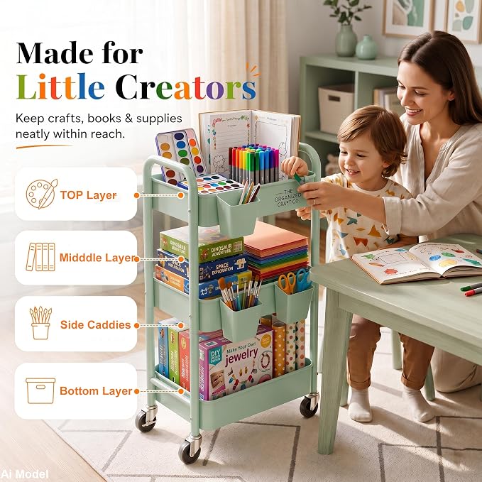 3 Tier Rolling Storage Cart Metal with Wheels, Green Baby Diaper Caddy Carts, Three Tiered Craft Cart Organizer on Wheels, Utility Roller Trolley for Art, Book, Snack, Office, Laundry, Bathroom Shelf