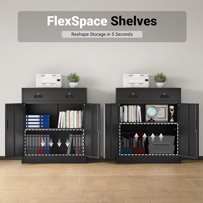 CJF Metal Storage Cabinet, Locking Cabinet with Adjustable Shelf and 2 Drawers, Metal Cabinets for Office, Home, Garage 36" H x 32" W x 16" D (Black)