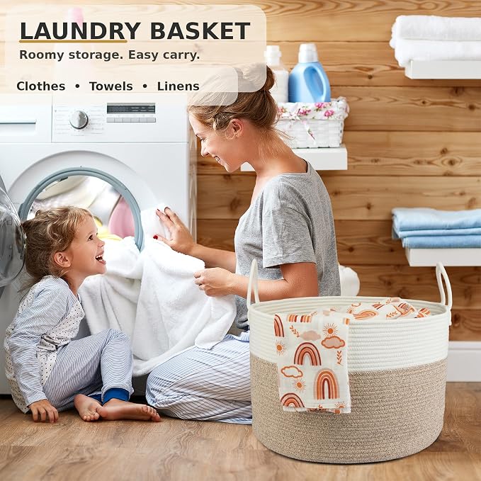 XUANGUO 66L Large Blanket Basket, Round Cotton Rope Basket, White & Brown | 20" x 13" Laundry Basket with Sturdy Handles for Blankets, Pillows and Toys; Storage for Living Room, Bedroom and Nursery