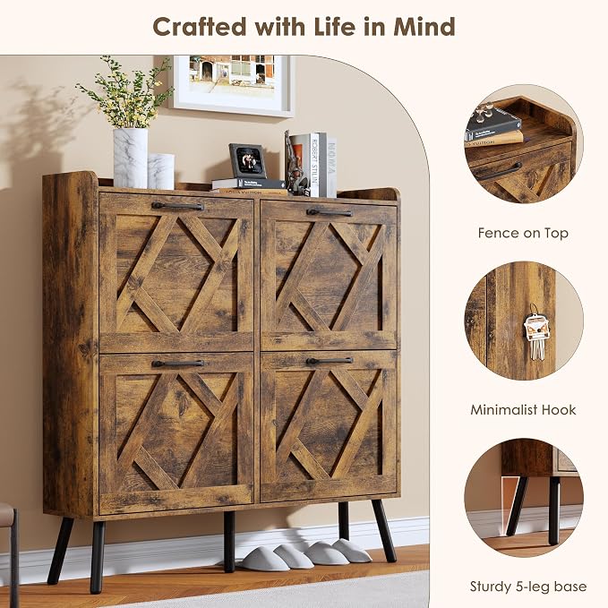 Shoe Cabinet Storage for Entryway, Freestanding Shoe Storage Cabinet, Farmhouse Narrow Shoe Rack Cabinet for Entryway, Foyer, Hallway, Shoe Cabinet 4 Flip Drawers
