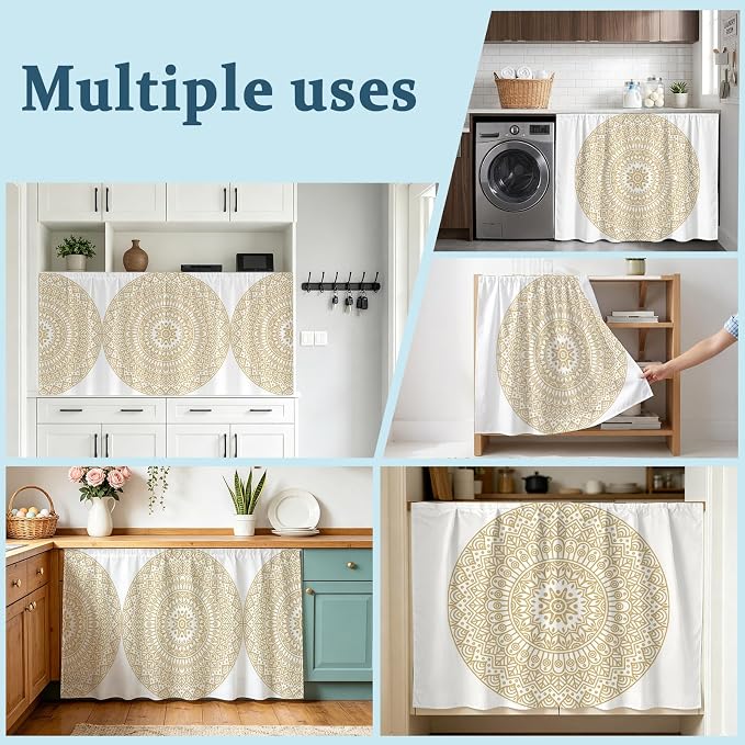 Beige Boho Cabinet Curtain 32"Wx55"L,Dustproof Pantry Door Curtain with Self Adhesive Tape,Retro Farmhouse Ethnic Abstract Geometric Art Storage Cover Privacy Drape for Bathroom Kitchen Laundry Room