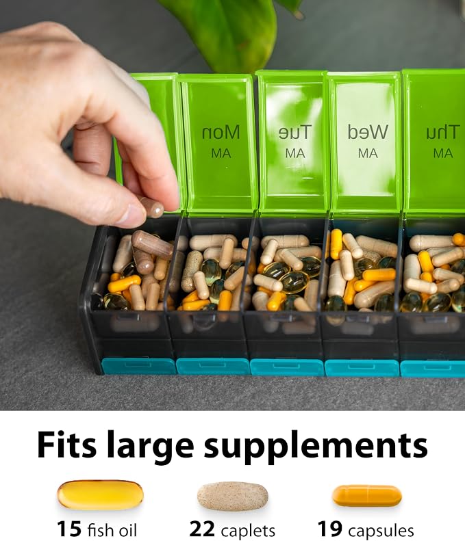 Extra Large Pill Organizer- XXL Pill Box 7 Day - Weekly Pill Organizer with AM PM Large Compartments Big Pill Case for Supplements Jumbo Pill Holder for Vitamins Huge Medicine Organizer 2 Times a Day