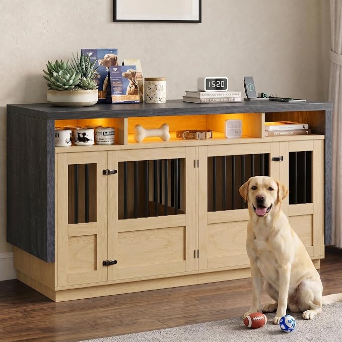 Furniture Dog Crate, 71" Double Dog Crate Furniture Natural & Grey | with Divider & Power Outlet, Heavy Duty Dog Kennel Furniture for Medium Dogs, Wooden Large Dog Crate with Storage