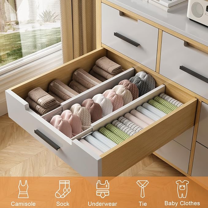 Bamboo Drawer Dividers, Adjustable Drawer Organizers, Fits 17.6–21" Drawers | 2.5" High, 6 Pack Expandable Drawer Separators for Kitchen, Nursery, Dressers & Office Storage, White