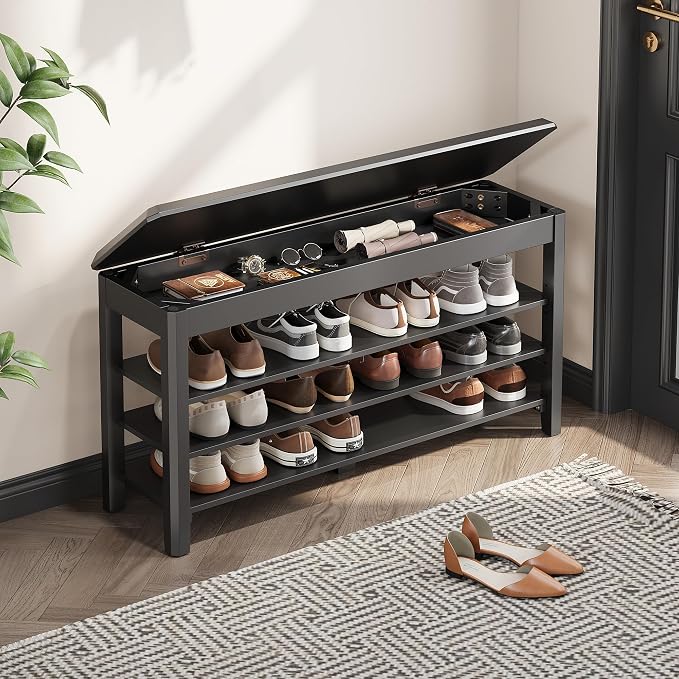 IUNVR Shoe Rack Bench Seat Rubberwood 3-Tier Wooden Storage Bench 550lbs Compact Mid-Century Modern Design for Entryway, Hallway, Closet, Front Door Entrance, Foyer