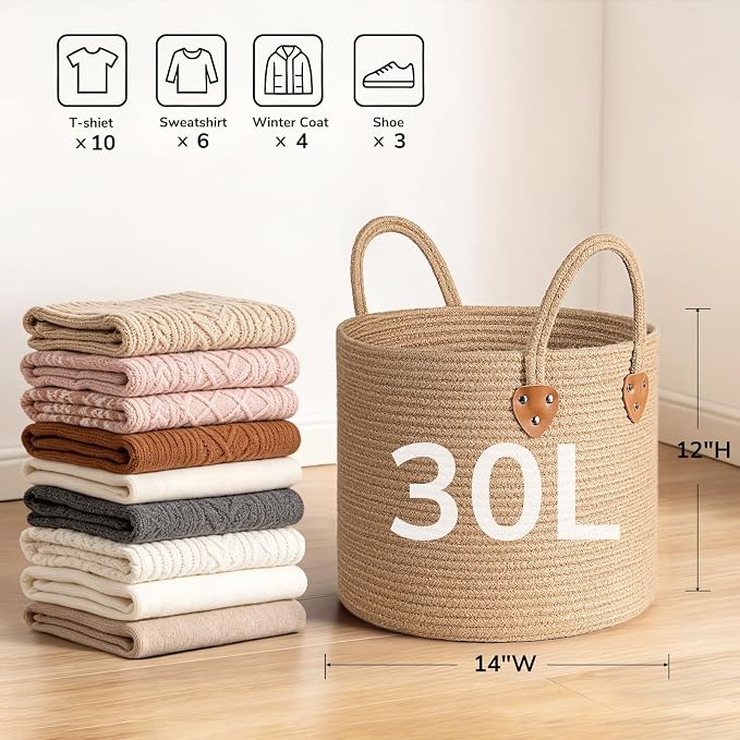 CHICVITA Jute Wicker Storage Basket with Leather Handles, 14" x 12"，Jute | Natural Woven Basket, Baby Hamper for Nursery Living Room & Bedroom Organization, Holds Blankets, Towels, Toys & Shoes