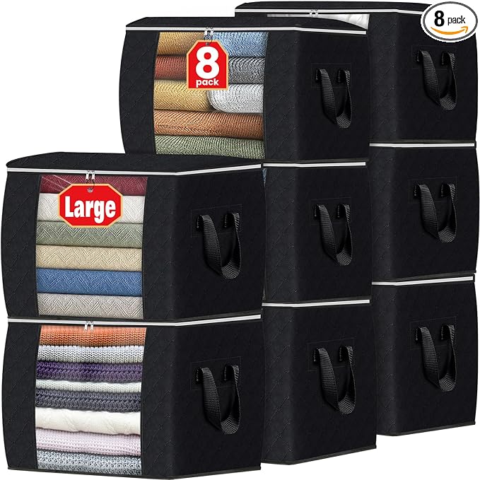 90L Clothes Storage, Foldable Thick Fabric Blanket Storage Bags | Foldable Containers with Zippers,Window and Handles for Organizing Bedroom, Closet, Comforter, Bedding,Dorm essentials