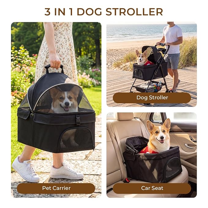 4-Wheel Pet Stroller for Small Medium Dogs Cats, One-Click Foldable | Portable Dog Stroller, Detachable Carrier, Cup Holder & Storage Basket, Safety Tether, Breathable Mesh, Up to 44lbs, Black