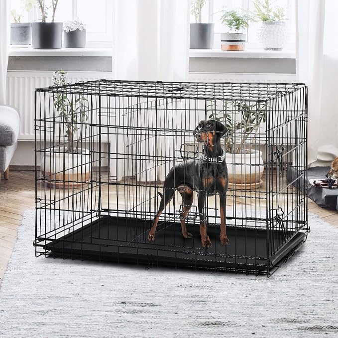 Dopinmin 42 Inches Dog Crate Double Door Pet Crate Black | Folding Metal Wire Dog Cage with Divider Panel Leak-Proof Plastic Pan Indoor Outdoor Pet Crates for Medium & Large Breed Pet