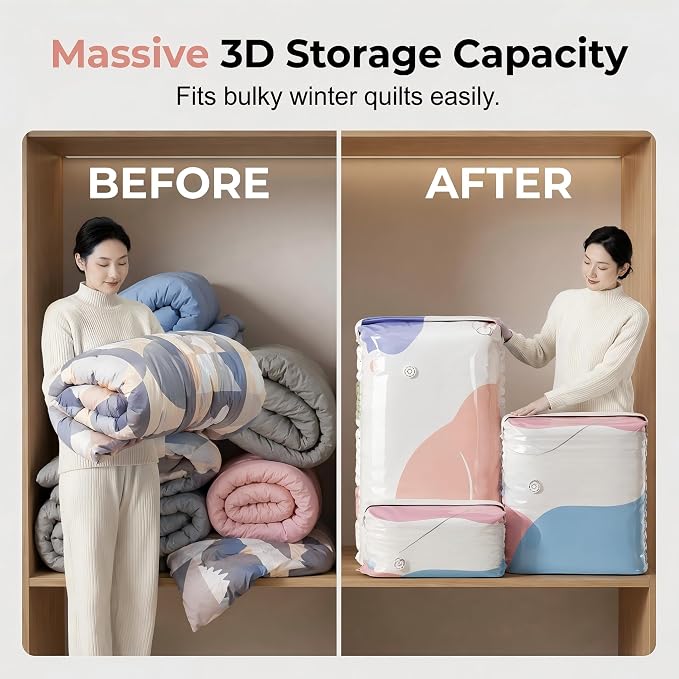 2026 New No‑Pump 3D Vacuum Storage Bags – Extra Large Heavy‑Duty Standing Cube Press & Seal for Comforters, Bedding, Clothes, No Pump（4PCS） (Medium 20"×28"× 12")
