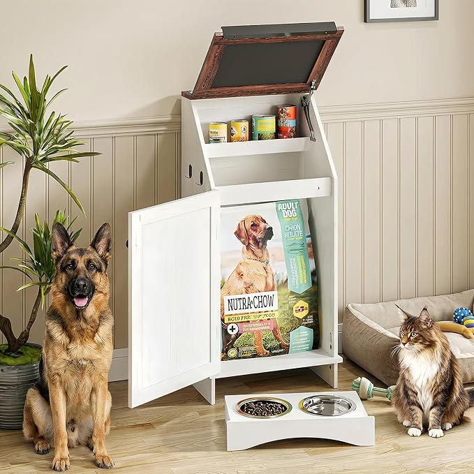 Dog Food Feeding Station Storage with Bowls, Pet Food Storage Cabinet with Flip-Top Blackboard, Hidden Trash Can, Pet Organizer Cabinet for Dog and Cat