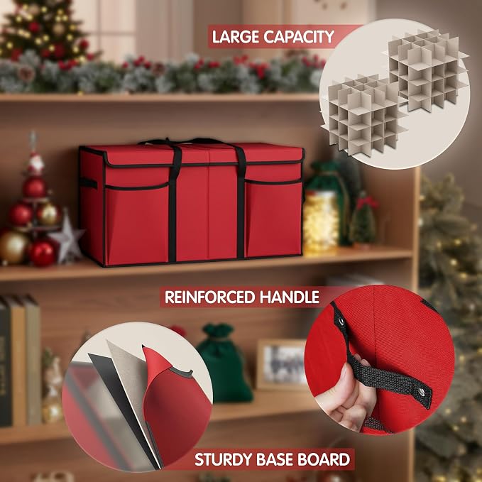 Christmas Ornament Storage Box with Dividers & Pockets - Holiday Ornament Organizer Bag - Holds 128 Balls - Durable Red Fabric Container with Handles - Foldable Xmas Decorations Storage - by Mobi Lock