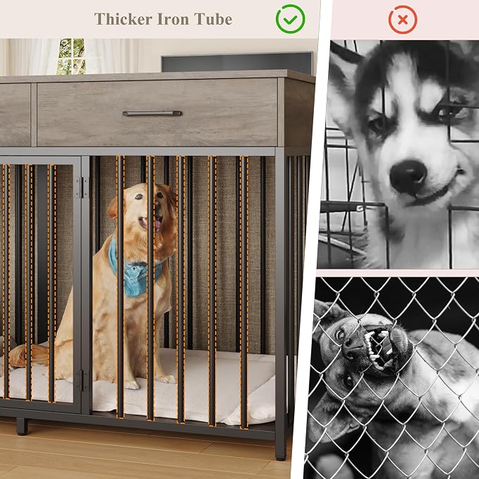 HOSTACK Double Dog Crate, 71" W Indoor Dog Kennel Furniture for 2 Dog, Grey | 3 Drawers for Easy Storage Heavy-Duty Cage, Removable Divider, Slide Bolt Latch, Modern Farmhouse Pet House for XL/XXL Dogs