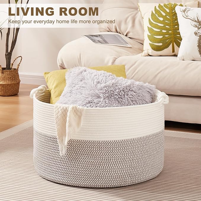 OIASKET Large Blanket Storage Basket for Living Room, 22.8" x 22.8" x 13" Woven Cotton Rope Basket with Handles, Baby Toy Storage, Laundry Hamper for Clothes, Pillows, Towels-Grey and White