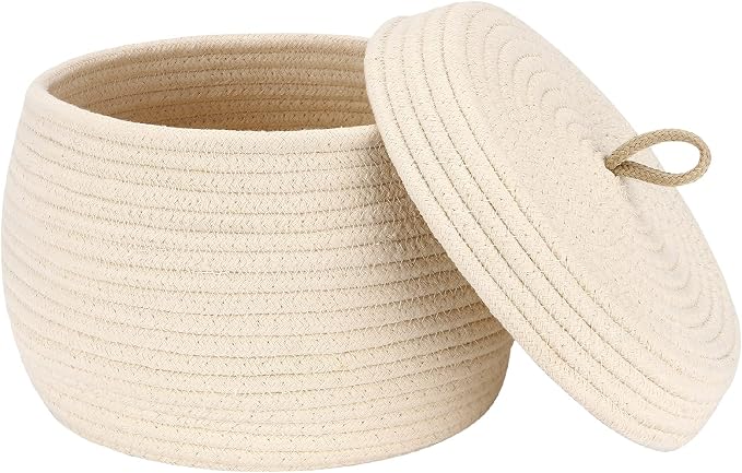 Sea Team Round Woven Cotton Rope Storage Basket with Lid, Cream | Lidded Knitted Decorative Storage Bin, Pot, Caddy, Organizer, Container for Snacks, Towels, Plants, 10 x 7.5 Inches